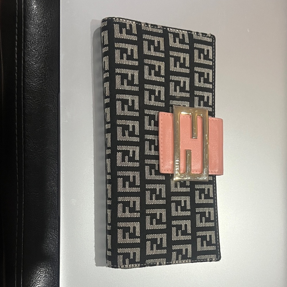 Fendi Black and White FF Logo Continental Wallet with Pink H-Clasp